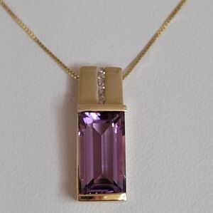 14k Solid Gold Pendant With Genuine Amethyst & Diamond Necklace, 18" L.
